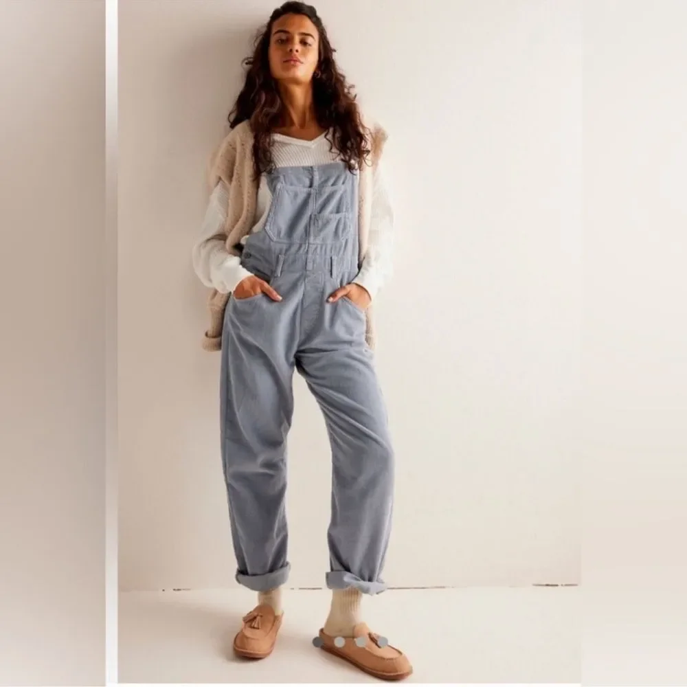 Free People Womens Ziggy baggy dusty blue corduroy overalls bibbs Spring Fall XS